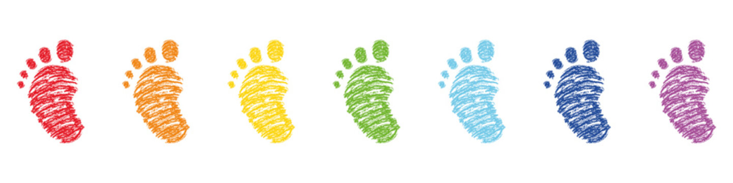 Colorful baby footprint icons set crayon texture rainbow palette newborn steps collection hand drawn style cute child marks bright playful design for parenting nursery illustration