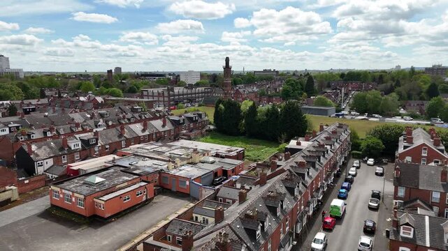 Aerial drone flight towards historic Edgbaston Water Tower, Birmingham, United Kingdom