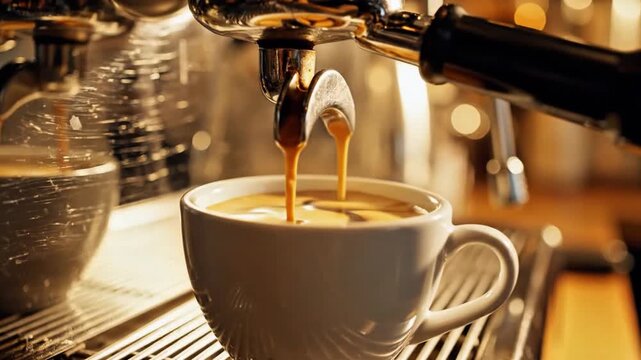 Close-up of freshly brewed rich espresso coffee pouring into a white cup from a sleek automatic machine, capturing the perfect crema and invigorating aroma