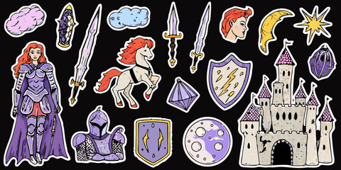 fantasy medieval sticker set illustration on black background © Shahabuddin