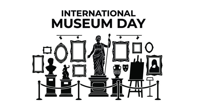 Artistic museum exhibition showing various classic sculptures and empty picture frames for international museum day celebration