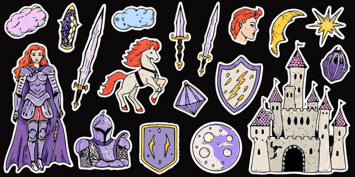 fantasy medieval sticker set illustration on black background