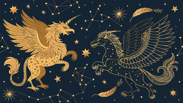 Celestial mythical creatures, golden griffin and pegasus on dark blue background with stars and constellations, vector illustration