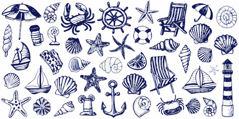 nautical illustrations collection with seashells ships and marine life © Shahabuddin
