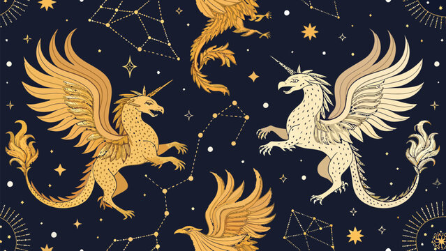 Seamless pattern with mythical creatures, griffins and unicorns, on a dark blue background with stars and constellations, celestial magic print