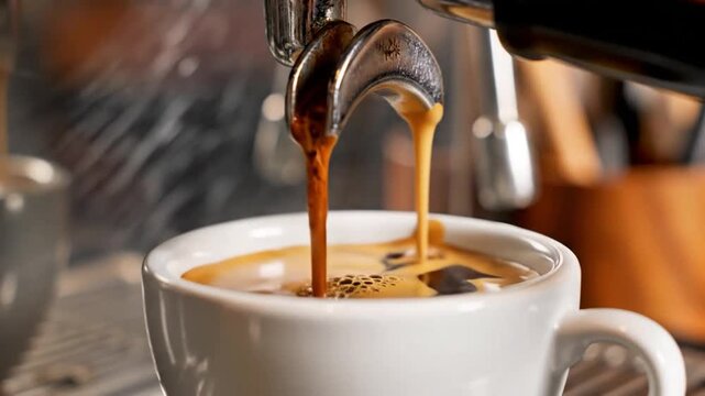 A close-up captures the rich, dark espresso streaming from a professional coffee machine into a pristine white cup, brewing a perfect coffee for a morning start or an afternoon boost