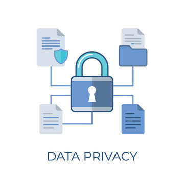 Data Privacy Network With Padlock, Connected Files And Nodes, Modern Design, Industrial Vector Icons, Utility System Icons, Flat Vector Illustration