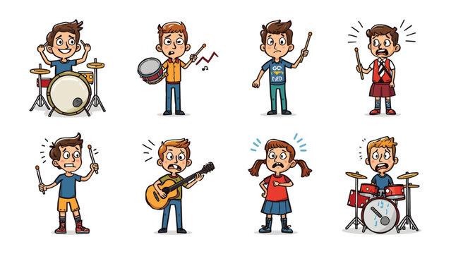Band Kids with Musical Instruments: A set of playful cartoon illustrations depicts children playing various musical instruments with exaggerated emotions and expressions.