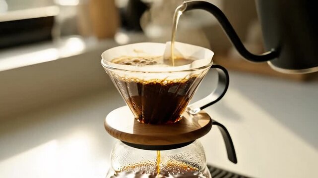 Capturing the serene art of pour-over coffee brewing, with hot water gently cascading over freshly ground beans into a clear glass carafe, creating an aromatic morning ritual