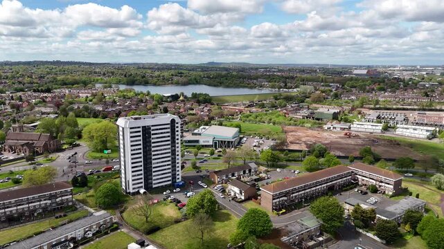 Aerial Perspective of Edgbaston Reservoir and Birmingham Cityscape Approaching from Ladywood