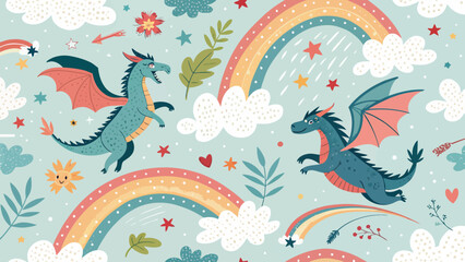 Fototapeta premium Whimsical illustration of cute dragons flying among rainbows, clouds, and stars in a magical sky childish fantasy pattern with mythical creatures