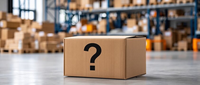 Cardboard box with question mark on warehouse. Lost or missing package concept, logistics confusion, misplaced parcel in storage, delivery problem and supply chain uncertainty. Horizontal banner