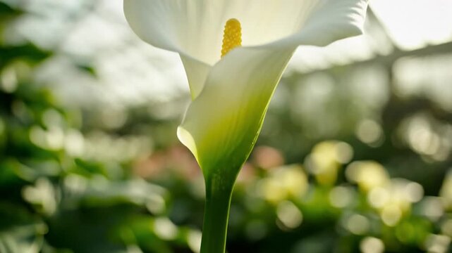 Graceful white calla lily flower blooming inside a bright greenhouse, nature's beauty concept