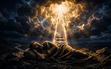 Obraz premium Jacob’s Ladder Dream – Heavenly Stairway Biblical Vision and Spiritual Artwork