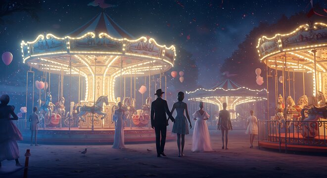Casal caminhando perto de um carrossel iluminado &agrave; noite com luzes decorativas.