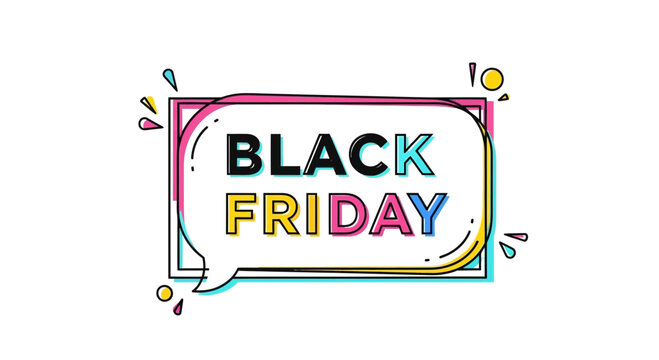 Black Friday Sale Speech Bubble with Colorful Confetti and Geometric Frame