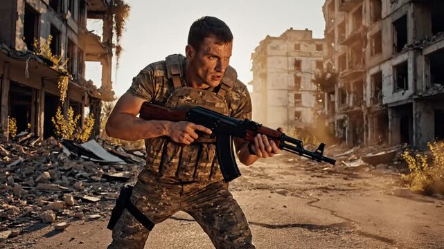 Soldier standing guard with an assault rifle in a war-torn city with destroyed buildings and debris