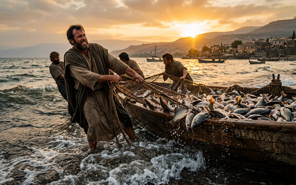 Miraculous Catch of Fish &ndash; Biblical Jesus Miracle and Fishermen Faith Illustration