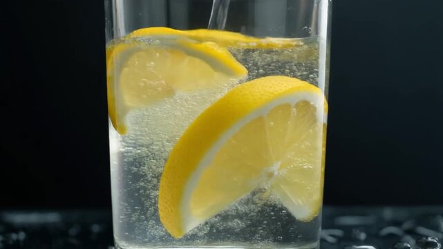 glass of lemon water with slices and bubbles