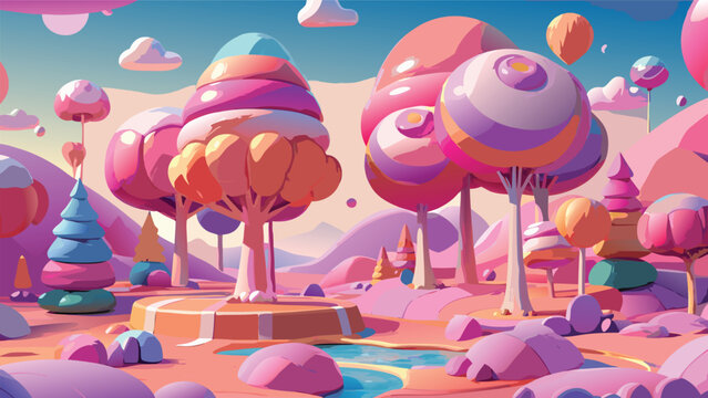 Magical fantasy landscape with pink candy trees and colorful clouds in a dreamy sweet land Vector