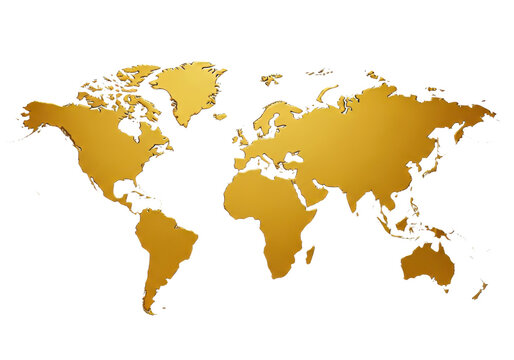 Golden world map isolated on transparent background