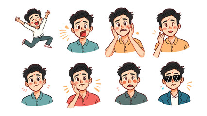 Fototapeta premium Emotions Embodied: A collection of expressive cartoon illustrations depict a young man displaying a range of human emotions from exuberant joy to concerned worry.