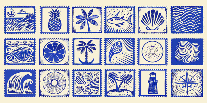 nautical themed stamps collection blue vector illustrations on beige