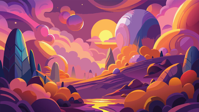 Colorful pixel art landscape with giant planets and glowing sunset in a fantasy alien world Vector
