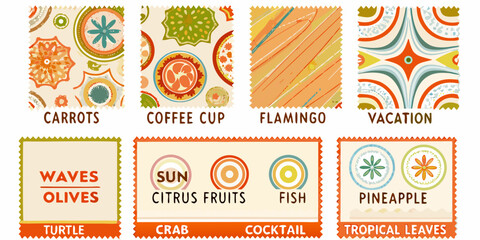 Vintage style postage stamp patterns with fruit animal and object motifs © Nasir
