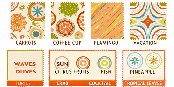 Vintage style postage stamp patterns with fruit animal and object motifs