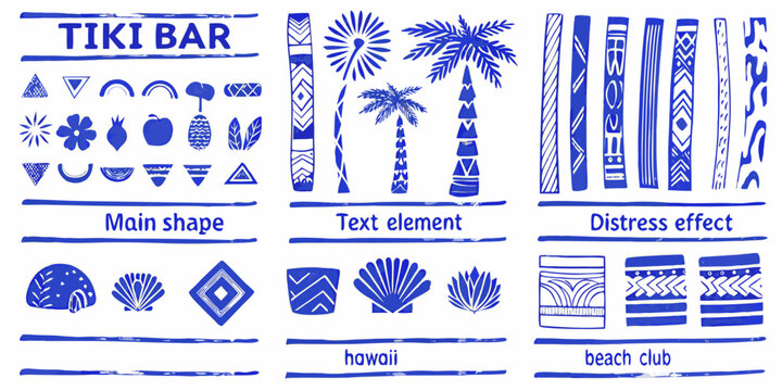 hawaiian tiki bar icons and elements bold blue vector illustration