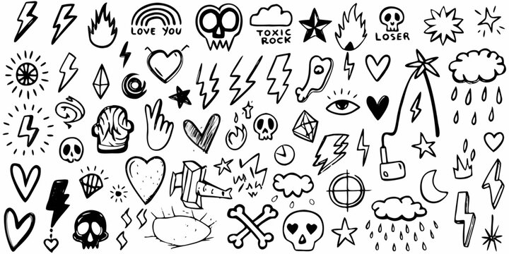 hand drawn doodle set with punk rock and grunge elements black on white