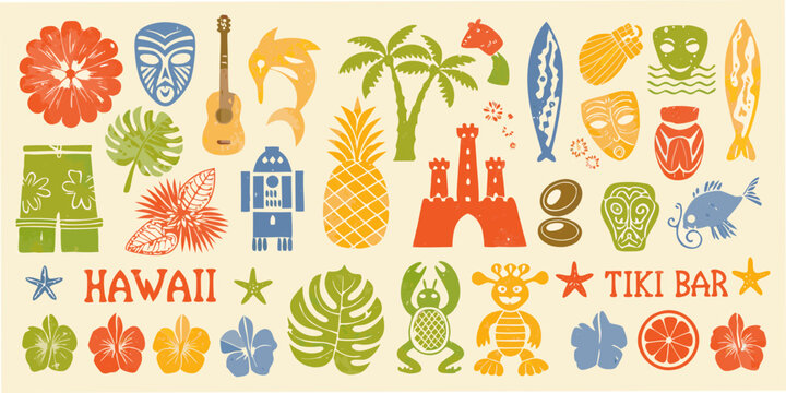 hawaiian tiki bar illustration with tropical elements and retro style