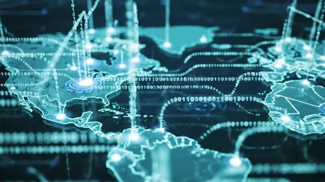 Global digital network with binary code lines connecting across world map for data transfer and communication