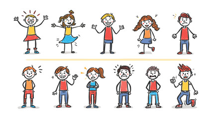 Fototapeta premium Emotional Range of Children: A collection of hand-drawn stick figures depicting various childhood emotions, from pure joy and excitement to sadness and frustration.