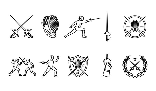 Minimal Fencing Sword Line Art Vector Icon Collection with Rapier Duel Pictogram Designs