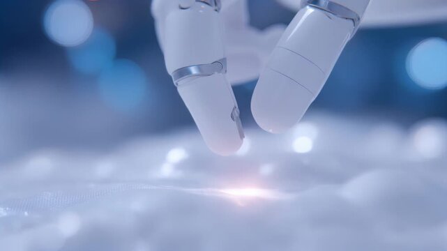 Robotic finger touching textured surface with glowing light. Futuristic medical robot interacting with biological material. Advanced bioengineering technology concept.