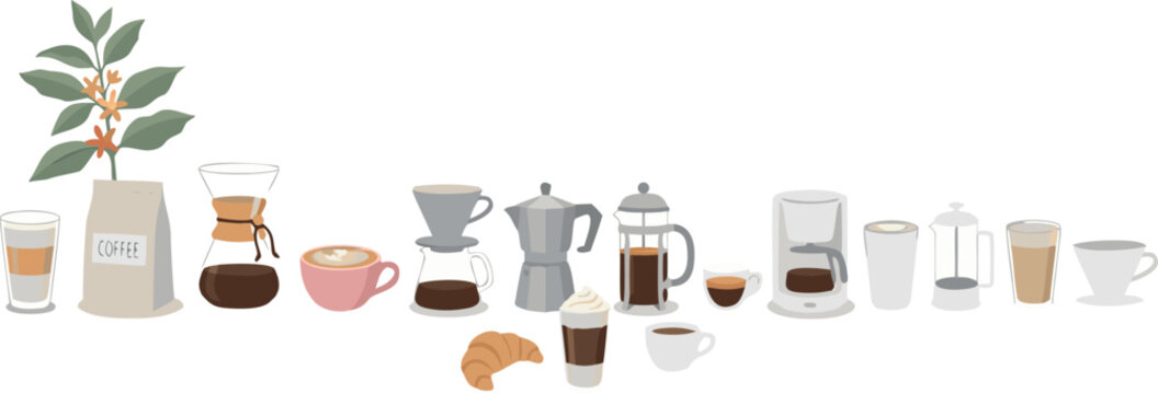 Comprehensive Set of Coffee Brewing Tools and Drinks with Moka Pot French Press and Croissant Illustration