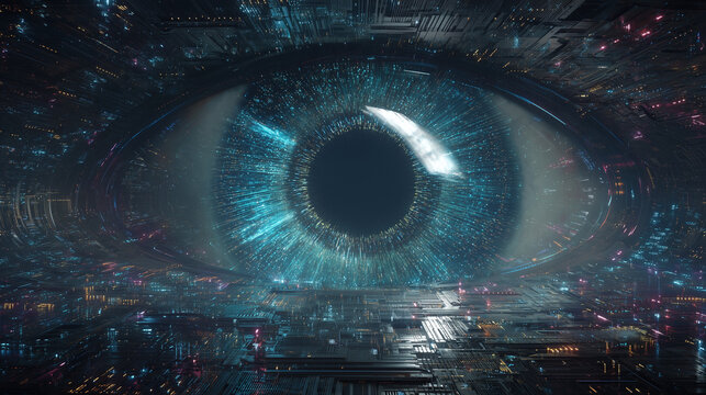 Gigantic Digital Eye Monitoring Global Cyber Network in Futuristic Cyberspace