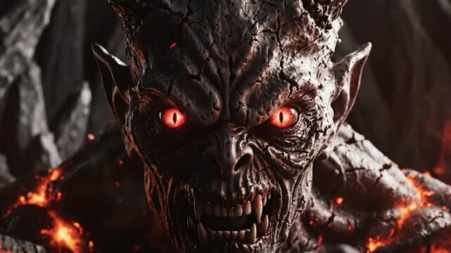 Eerie close-up of a demonic creature with glowing red eyes, sharp fangs, and horns surrounded by fire and dark, rocky terrain