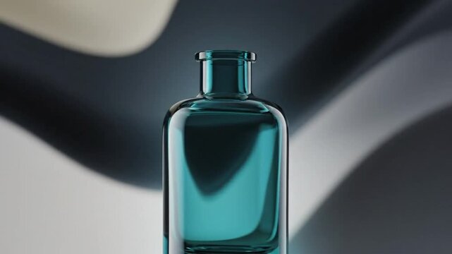 Turquoise glass bottle gracefully showcased against abstract background with soft lighting