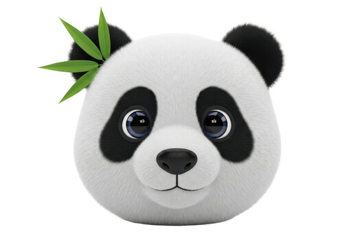 Cute fluffy panda head character with bamboo leaf isolated on transparent background