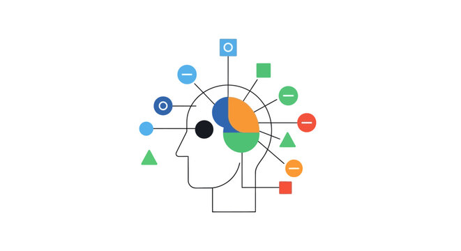 Brain with colorful thought process bubbles.
