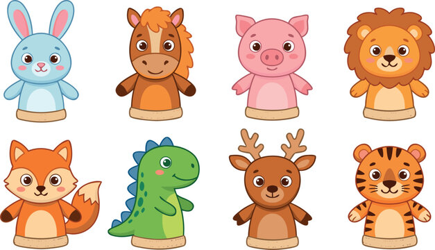 Cute animal finger puppets set featuring rabbit horse pig lion fox dinosaur deer and tiger cartoon characters