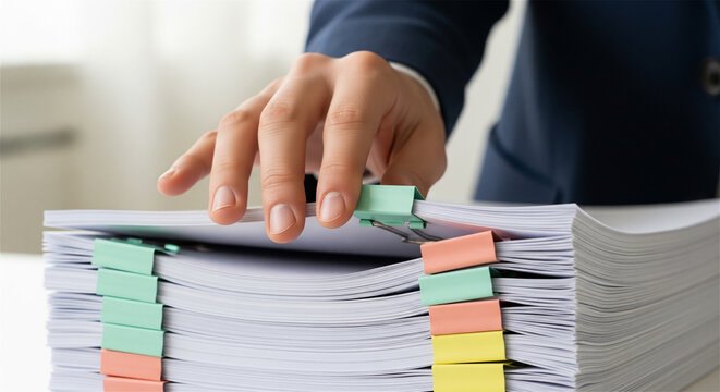 Professional business documents with colorful binder clips, organized paper stack on office desk, corporate paperwork management and filing