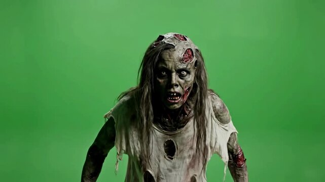 Scary Female Zombie with Rotting Skin and Tattered Clothes Isolated on Green Screen Background for Compositing