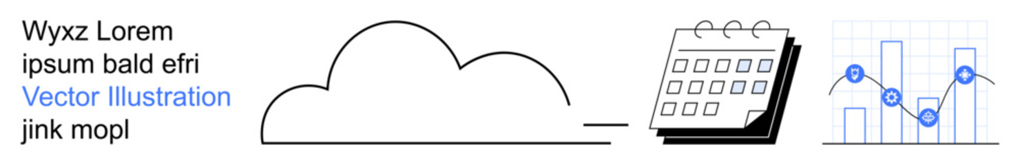 Cloud technology, calendar scheduling, data analytics, business management, information tracking, productivity tools. Simplistic cloud, calendar and line graph. Cloud technology and calendar © robu_s