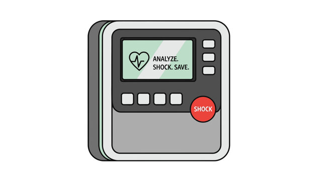 Automated External Defibrillator (AED) Illustration with Shock Button and Heart Icon for Medical Design