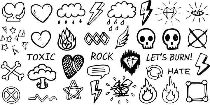 hand drawn punk rock doodles and symbols on black background