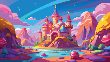 Obraz premium Magical fairytale castle with pink towers in a colorful fantasy landscape at sunset Vector